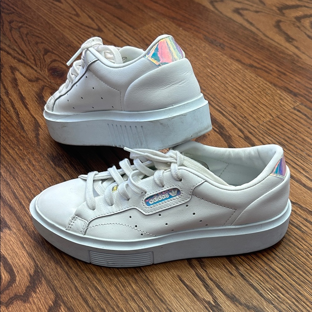 Adidas White Sleek Super Sneakers with Iridescent Tongue, size 6.5